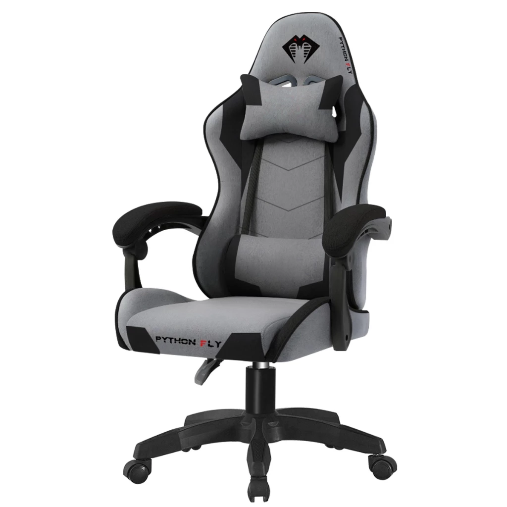 Cadeira gamer ergonômica cinza da marca Python Fly em fundo branco, mostrando a base de cinco pontas e os rodízios que são essenciais para a estabilidade total do equipamento durante o uso.
