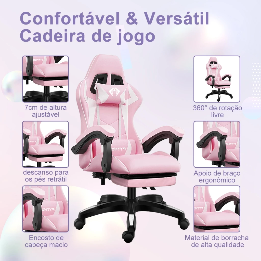 Infográfico de uma cadeira gamer ergonômica rosa detalhando a mecânica do sistema frog e relax, com destaque para a rotação 360 graus, o ajuste de altura e o descanso para os pés retrátil, componentes essenciais para o conforto.